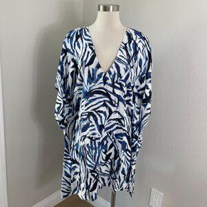 NEW $98 Tahari Womens S/P Blue Abstract V Neck Poncho Coverup Blouse
